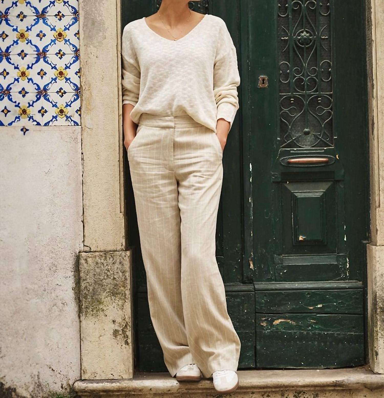 Esqualo - Linen Stripe Trousers Pants - beige - clothing - linen - blend