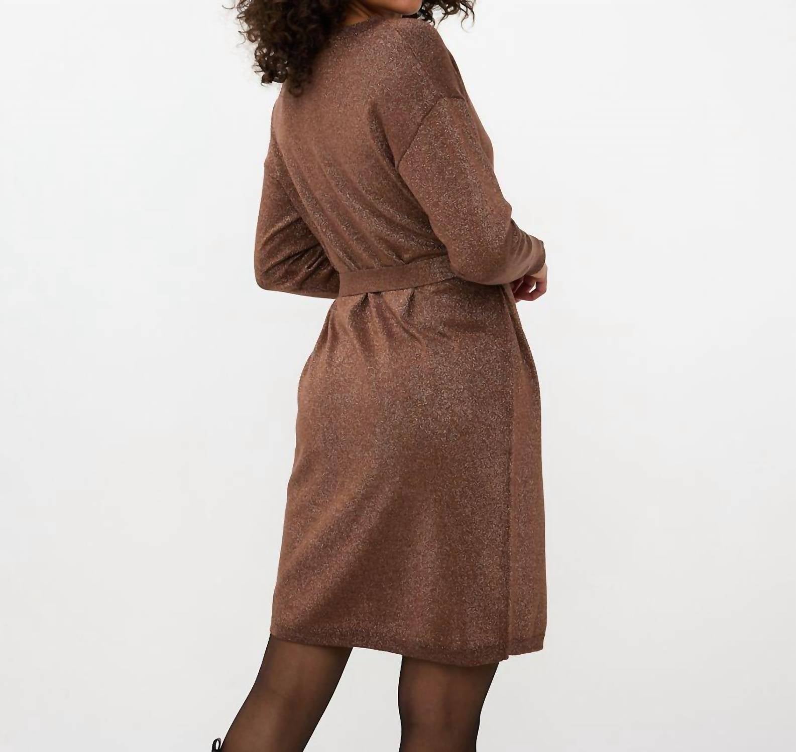 Esqualo - Wide Lurex Shimmer Belted Dress - brown - clothing - cotton - blend