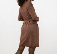Esqualo - Wide Lurex Shimmer Belted Dress - brown - clothing - cotton - blend