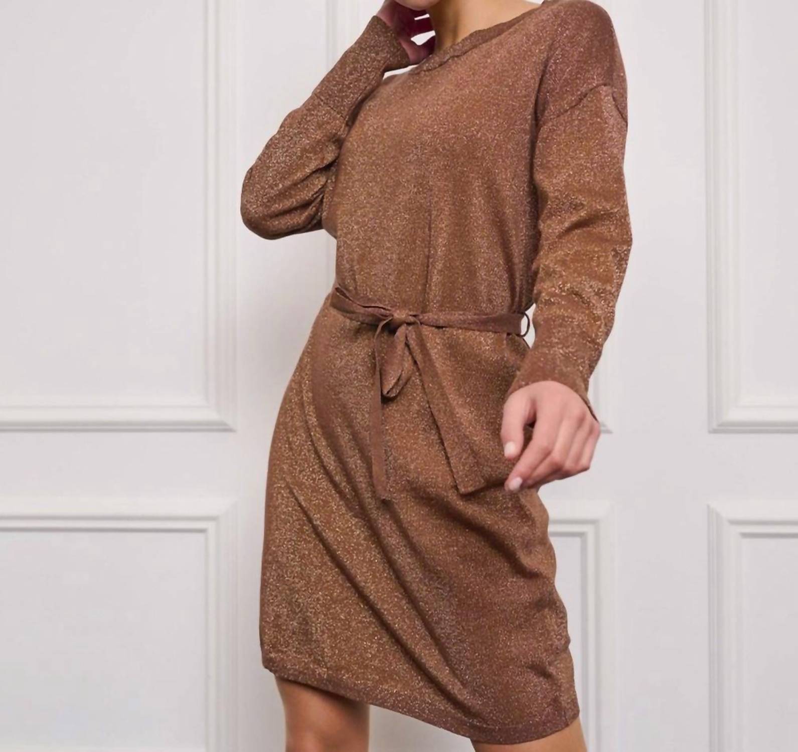 Esqualo - Wide Lurex Shimmer Belted Dress - brown - clothing - cotton - blend