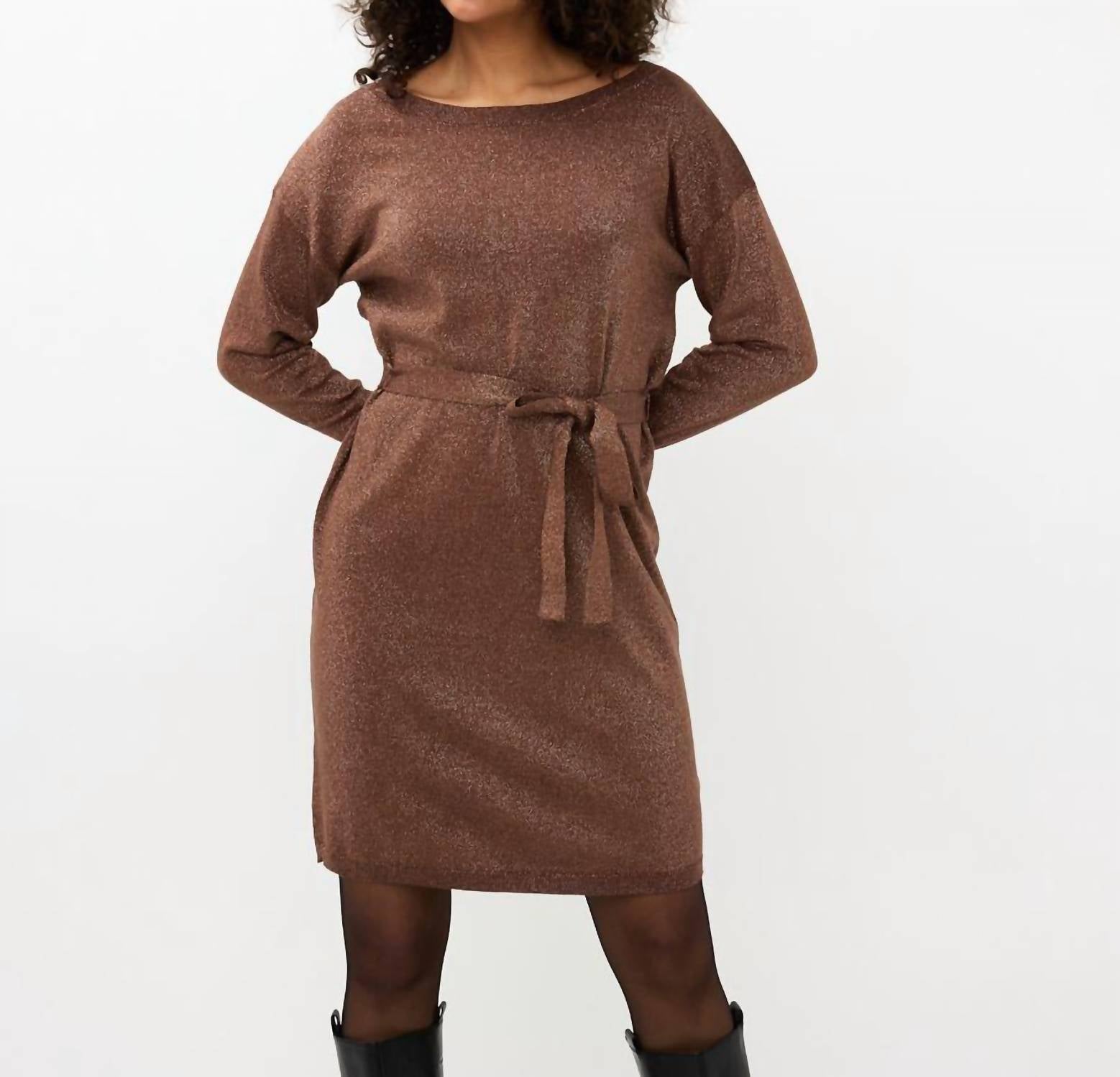 Esqualo - Wide Lurex Shimmer Belted Dress - brown - clothing - cotton - blend