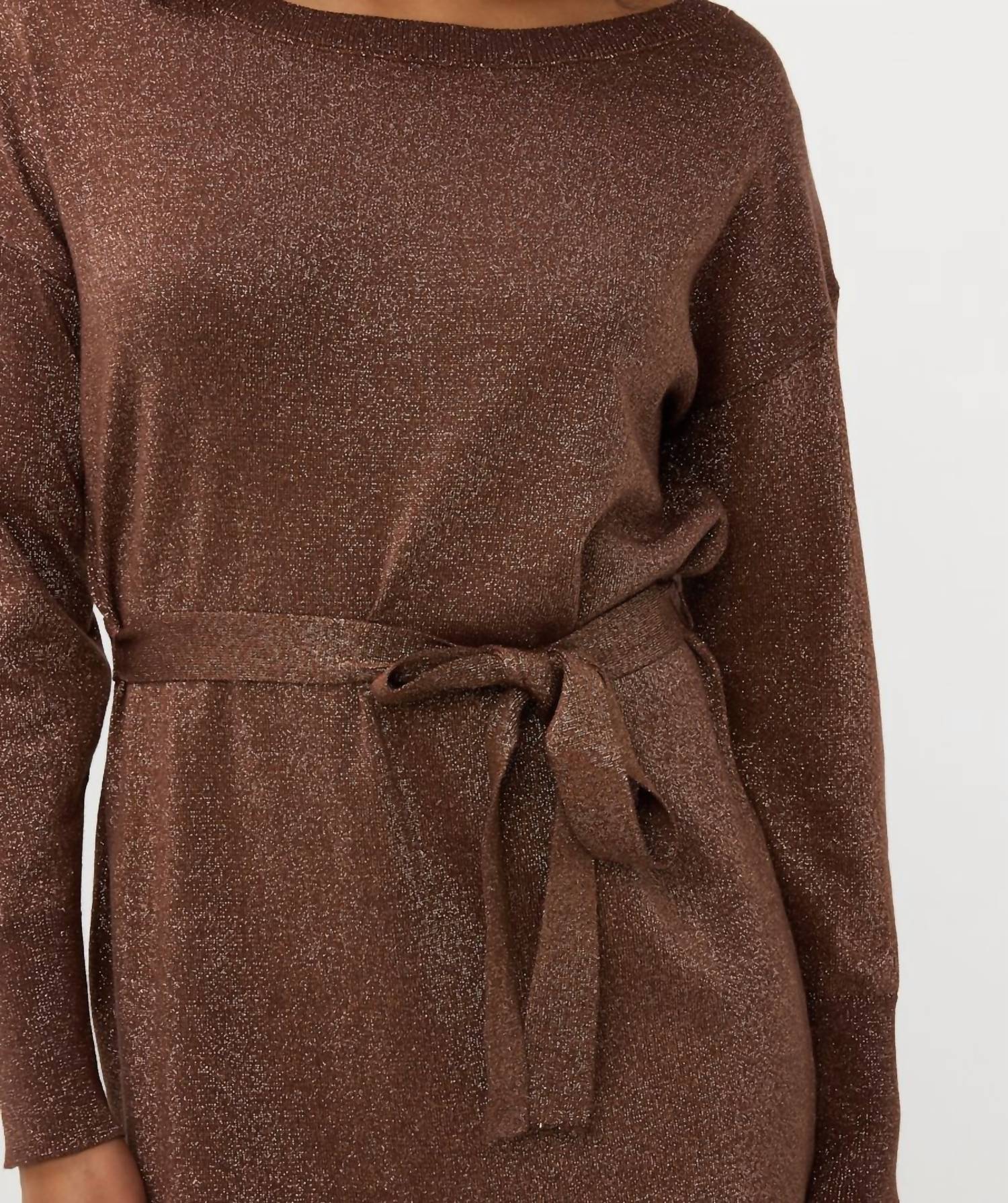 Esqualo - Wide Lurex Shimmer Belted Dress - brown - clothing - cotton - blend