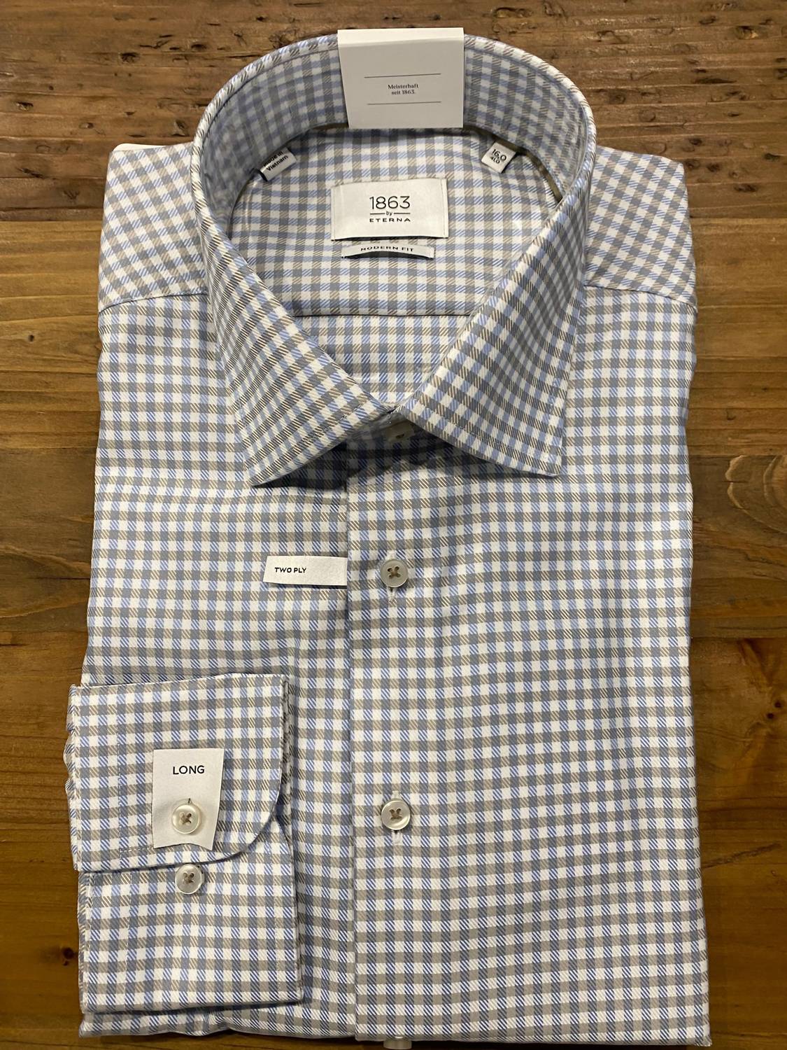 Eterna - Men's Checked Twill Shirt - beige - casual - button - down - shirts - clothing
