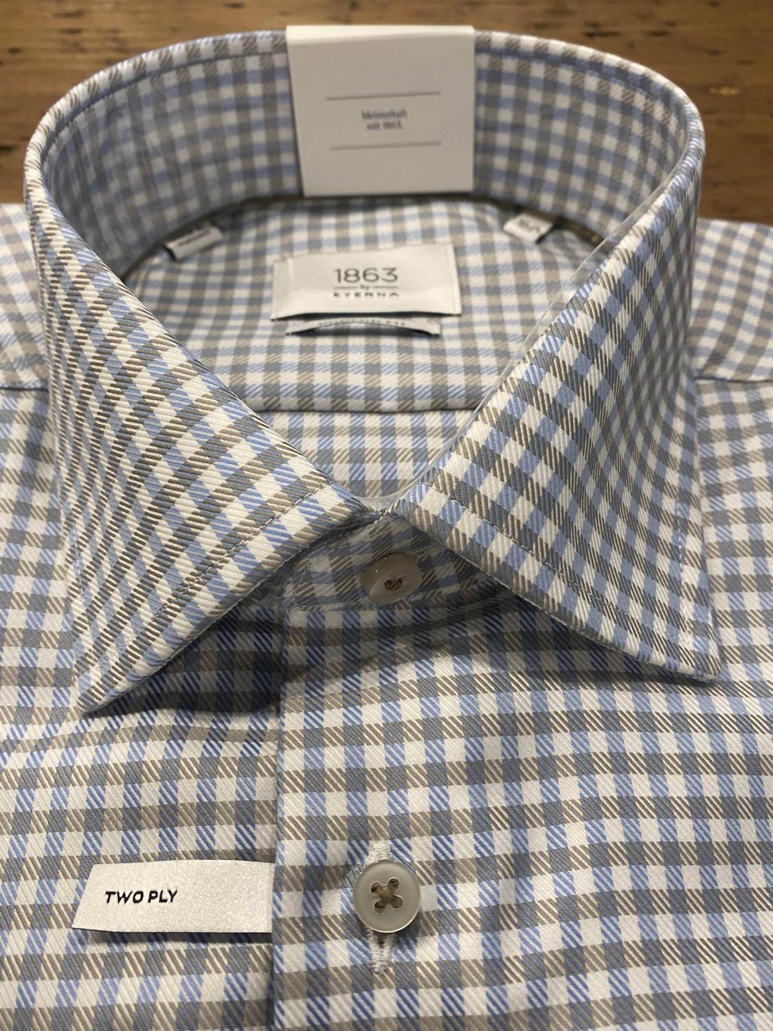 Eterna - Men's Checked Twill Shirt - beige - casual - button - down - shirts - clothing