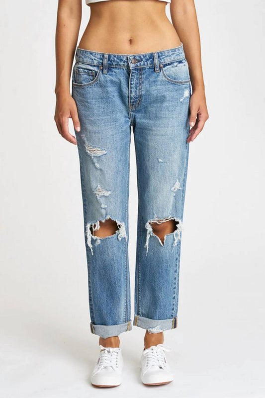 Eunina - Ghosted Mid Rise Girlfriend Jeans - blue - boyfriend - clothing