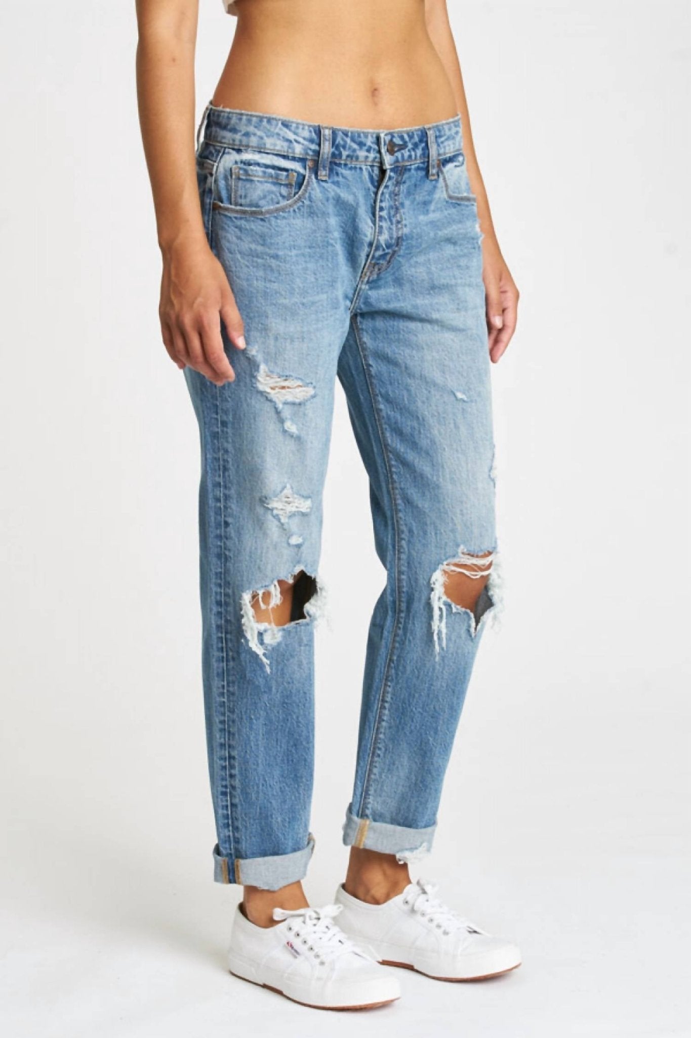 Eunina - Ghosted Mid Rise Girlfriend Jeans - blue - boyfriend - clothing