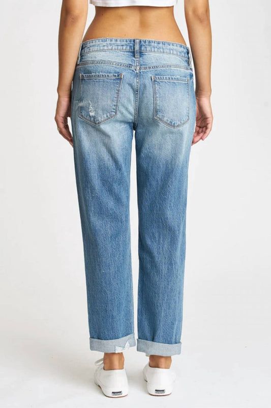 Eunina - Ghosted Mid Rise Girlfriend Jeans - blue - boyfriend - clothing