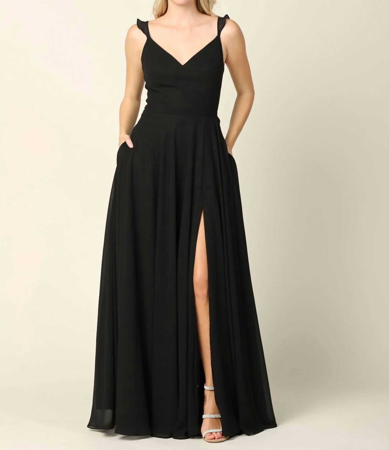 Eva - Adrianna Ruffle Sleeve Chiffon Dress with Front Slit - black - clothing - dresses