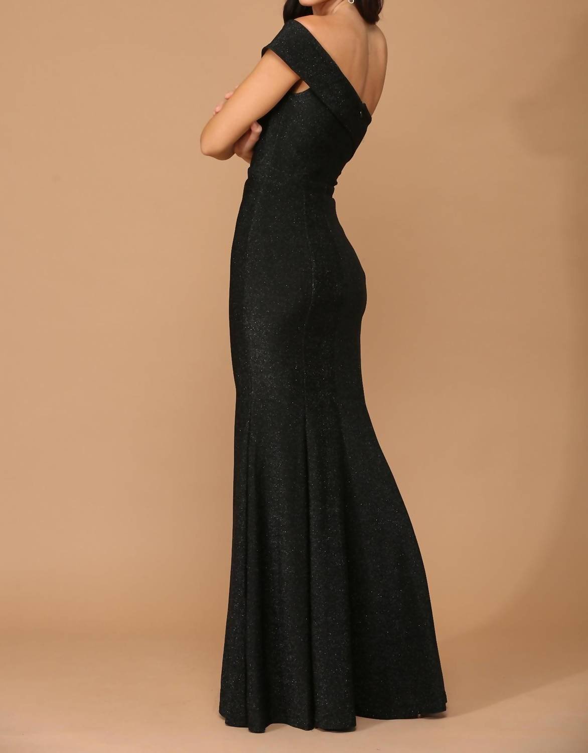 Eva - Athens Stretch One Shoulder Metallic Dress With Front Slit - black - clothing - dresses