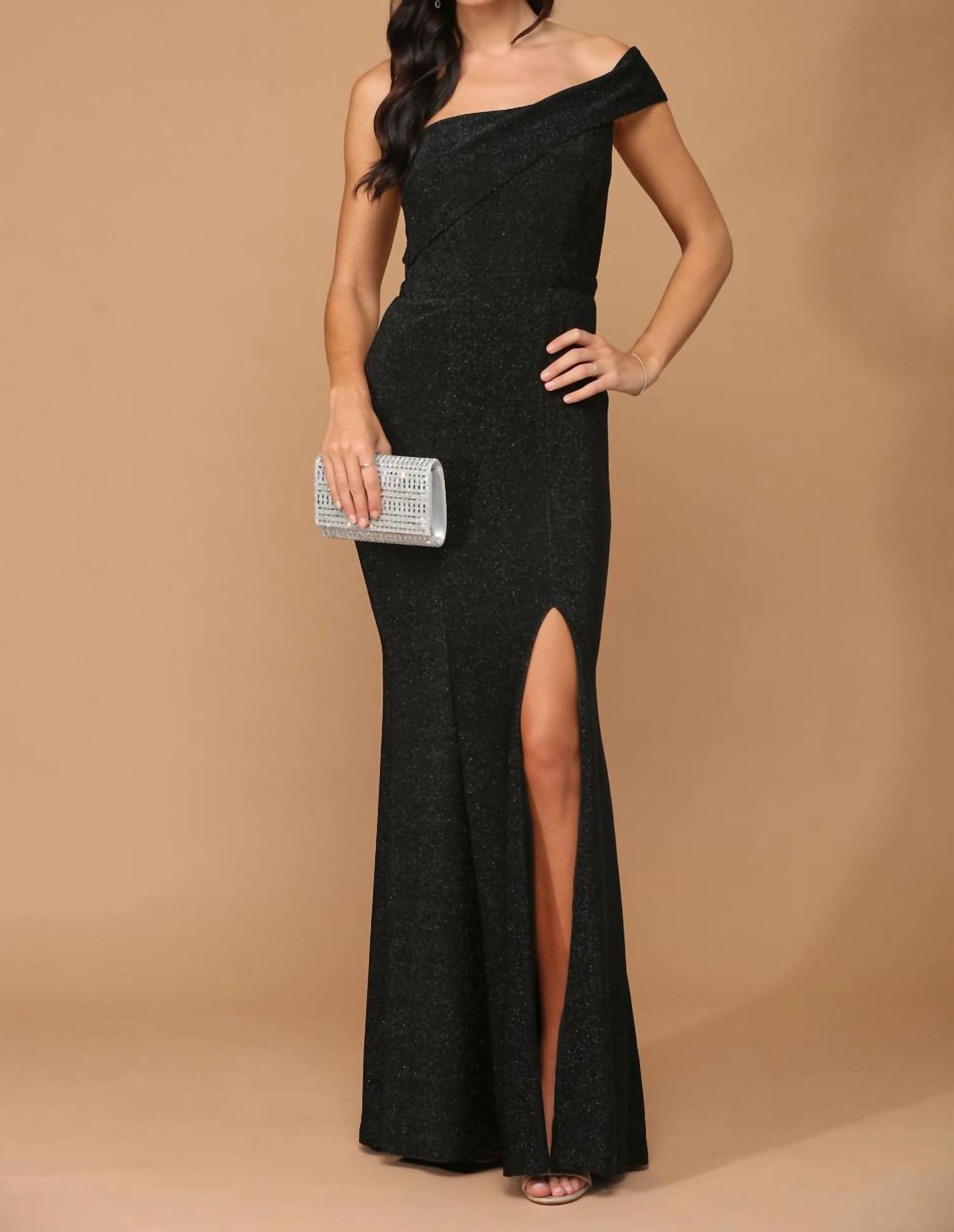 Eva - Athens Stretch One Shoulder Metallic Dress With Front Slit - black - clothing - dresses