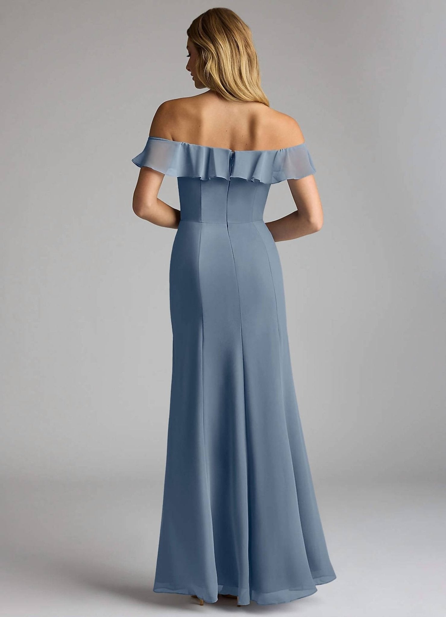 Eva - Madrid Off Shoulder Flutter Detail Chiffon Evening Slit Dress - blue - clothing - dresses