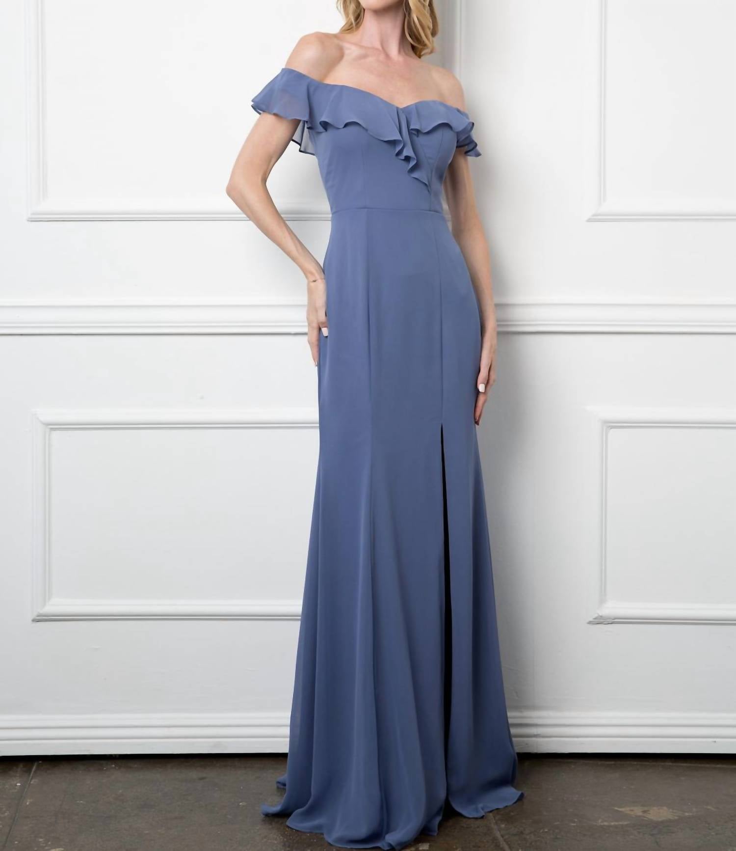 Eva - Madrid Off Shoulder Flutter Detail Chiffon Evening Slit Dress - blue - clothing - dresses