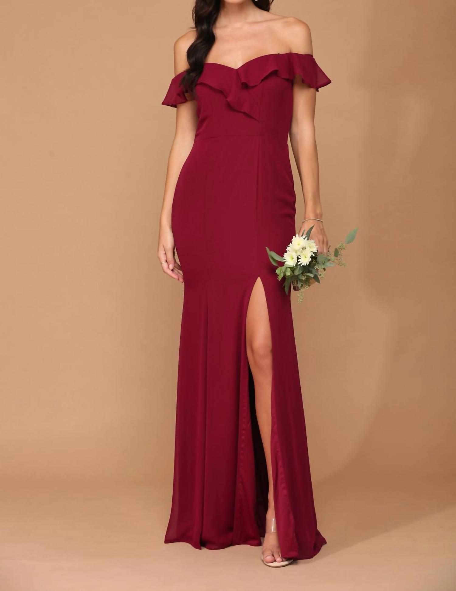 Eva - Madrid Off Shoulder Flutter Detail Chiffon Evening Slit Dress - clothing - dresses - prom