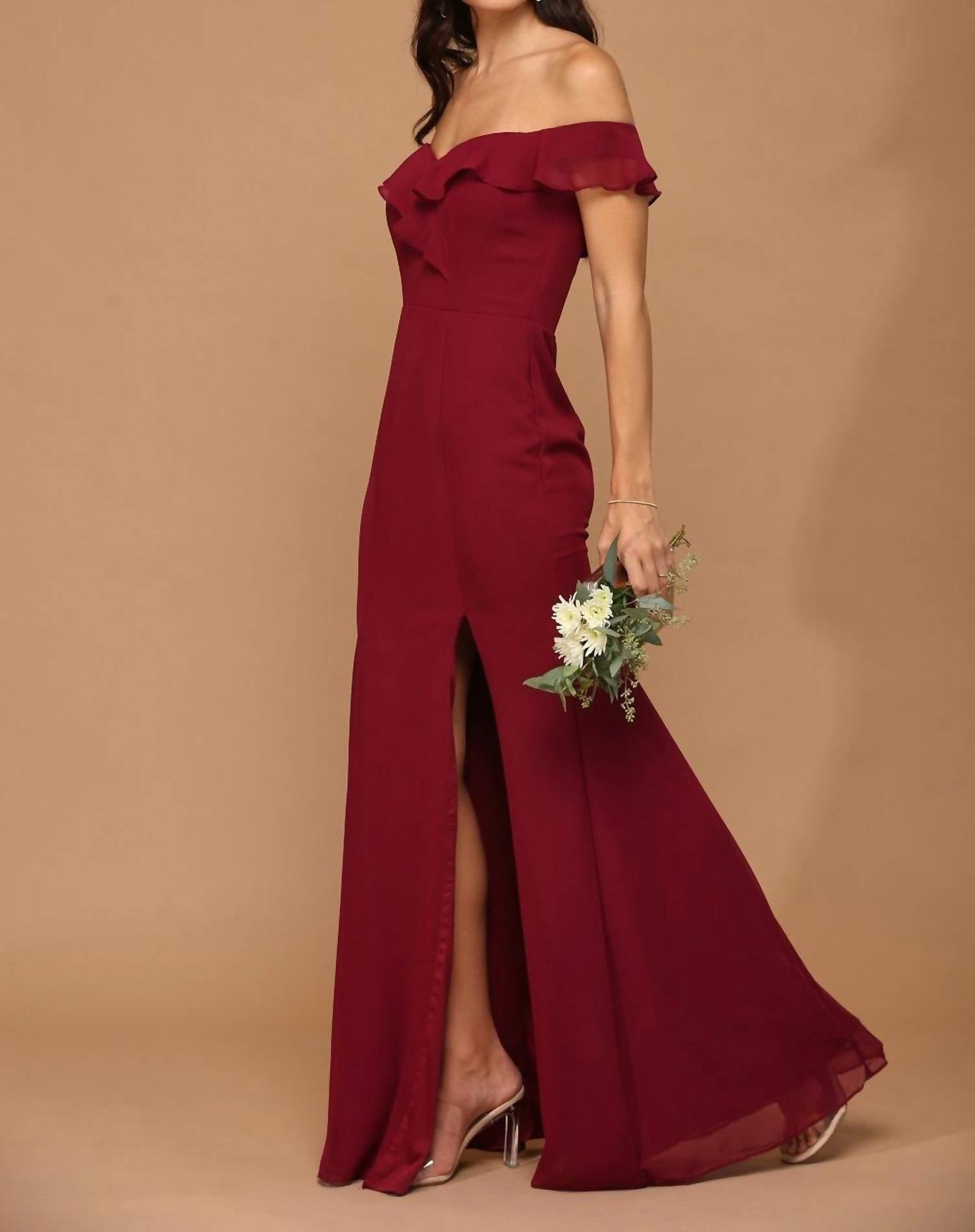 Eva - Madrid Off Shoulder Flutter Detail Chiffon Evening Slit Dress - clothing - dresses - prom