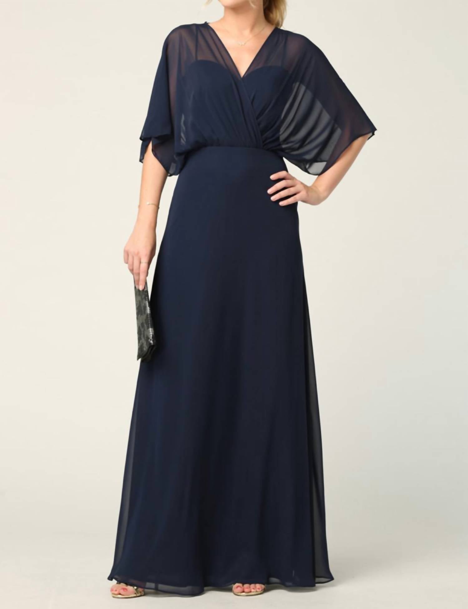 Eva - Mia Chiffon Draped Sleeve Formal Evening Dress - blue - clothing - dresses