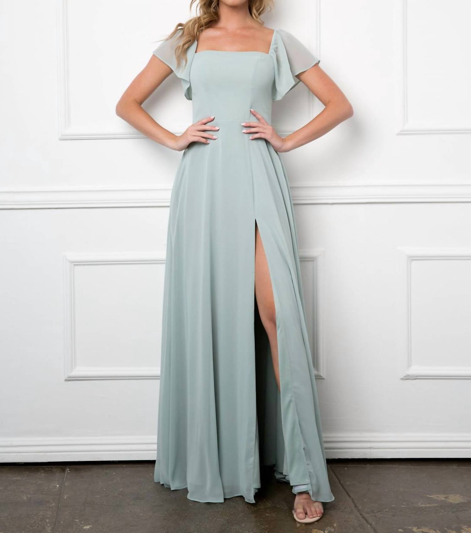 Eva - Moscow Convertible Half Sleeve Chiffon Evening Slit Dress - clothing - dresses - green