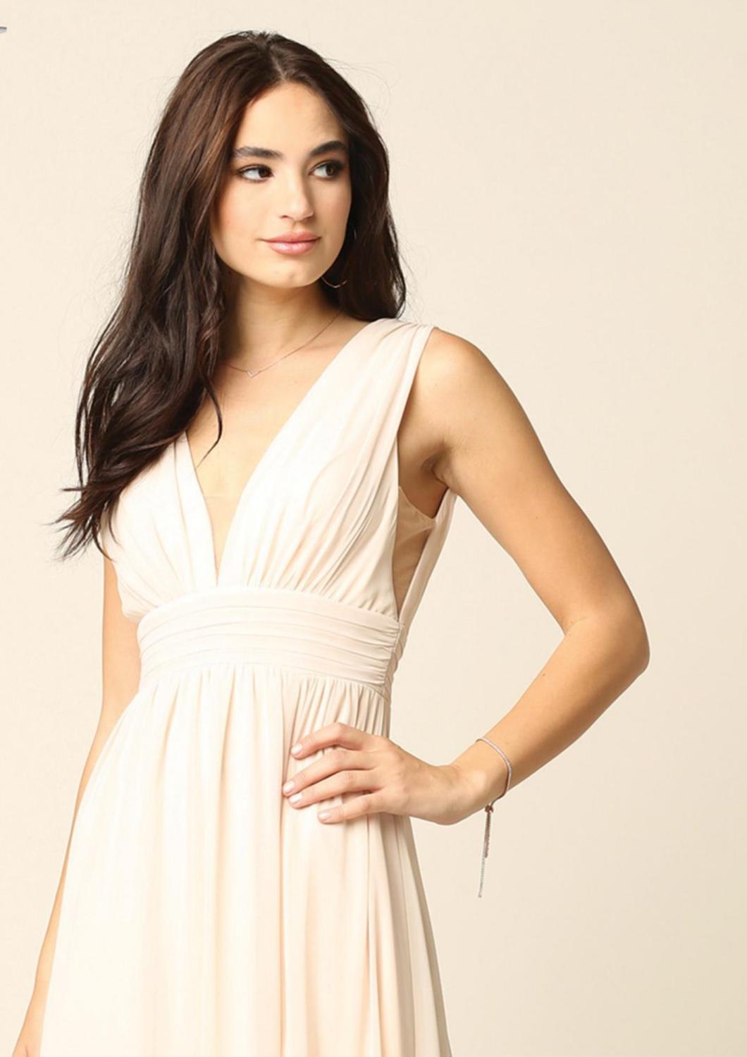 Eva - Sicily V - neck Front And Back Grecian Chiffon Gown Dress - beige - clothing - dresses