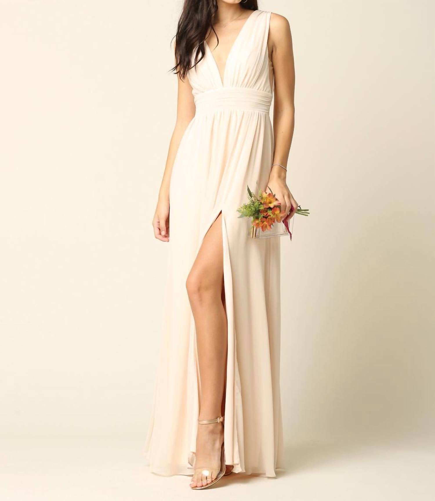 Eva - Sicily V - neck Front And Back Grecian Chiffon Gown Dress - beige - clothing - dresses