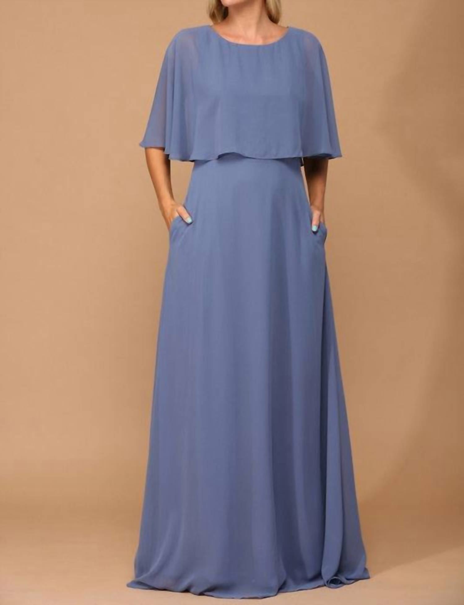 Eva - Vienna Chiffon Cape Prom Evening Dress - blue - clothing - dresses
