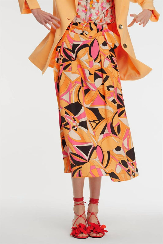 Exquise - Abstract Print Belted Midi Skirt - clothing - floral - knee - length - skirts