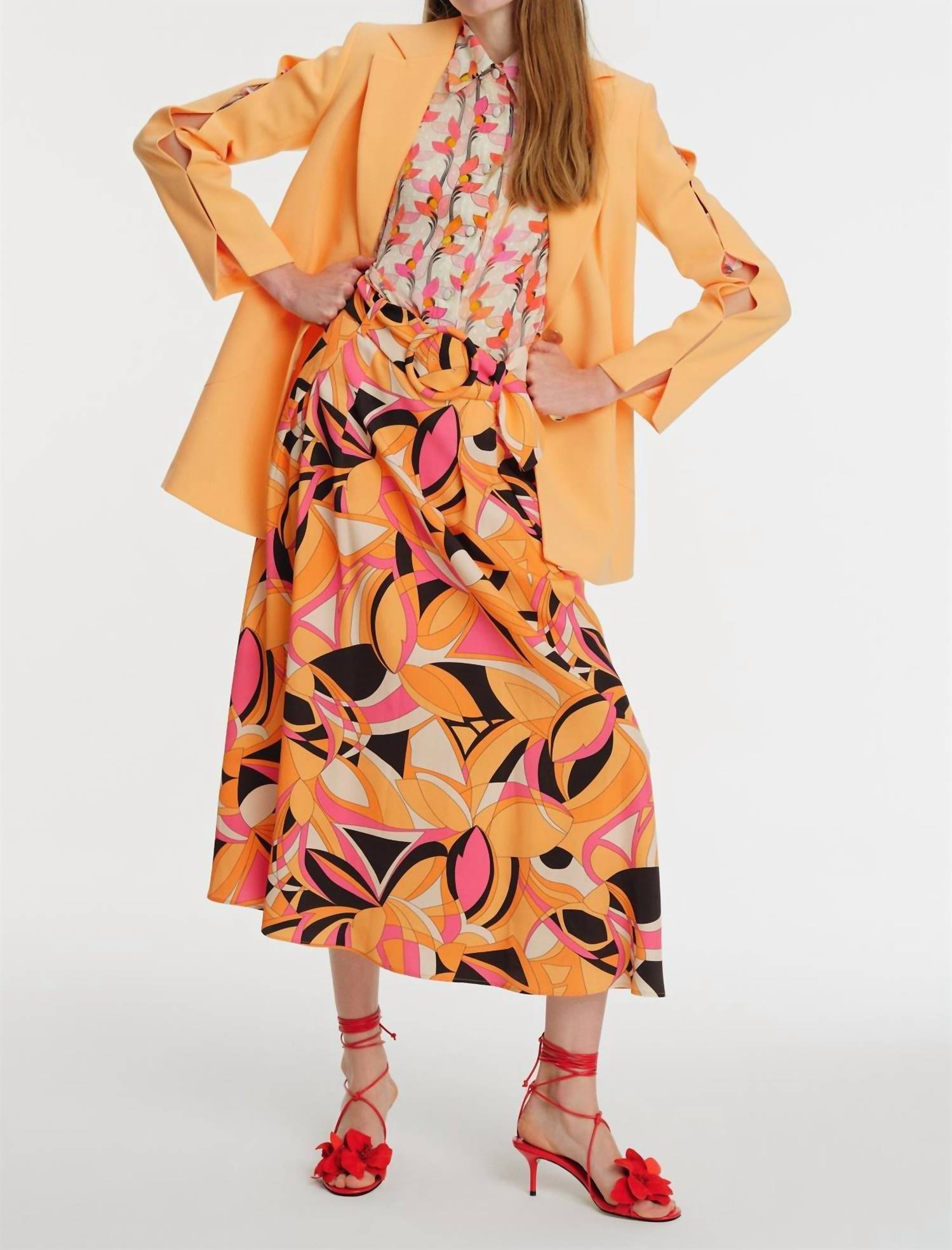 Exquise - Abstract Print Belted Midi Skirt - clothing - floral - knee - length - skirts