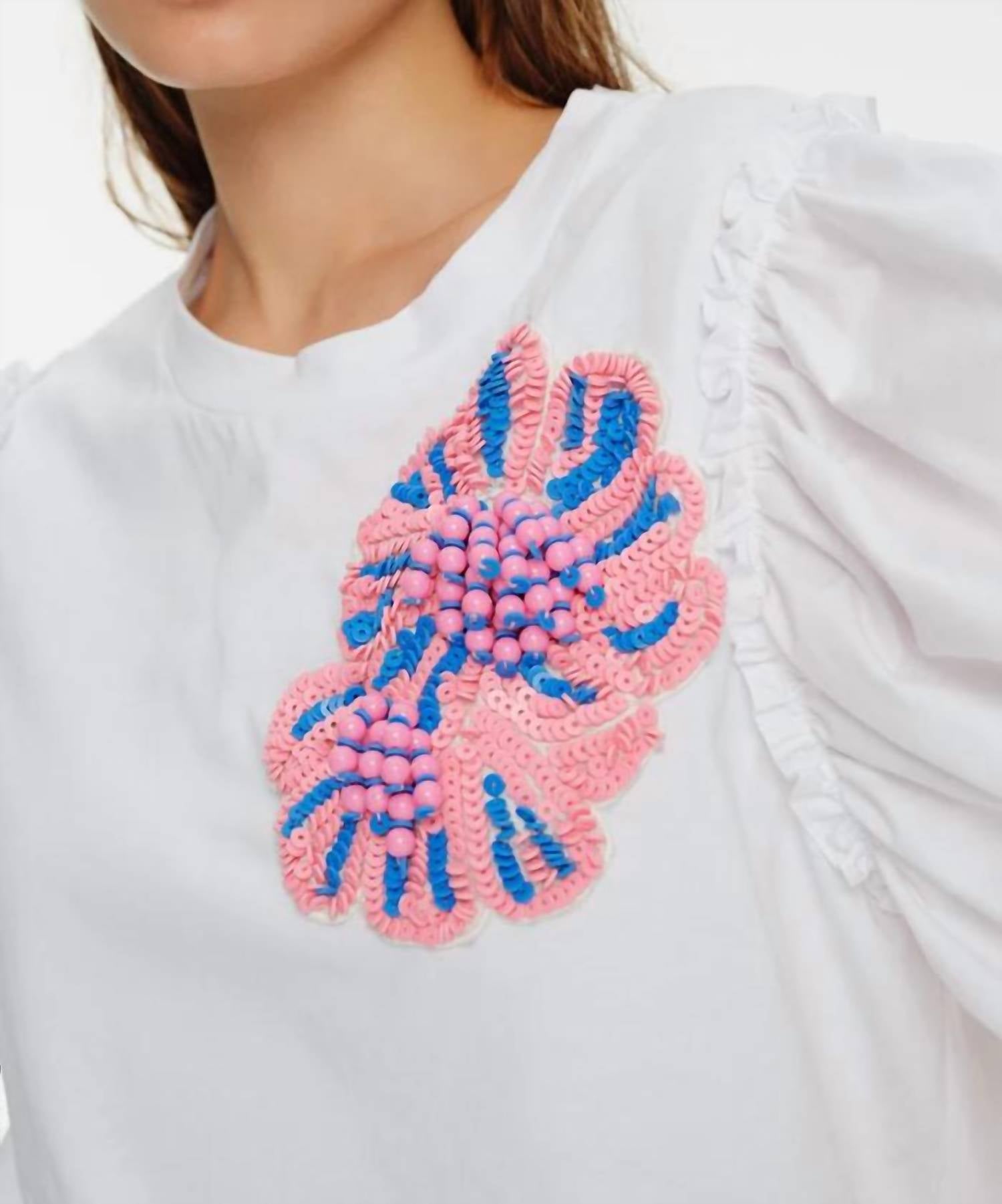 Exquise - Balloon Sleeve Crew Neck Embroidered Cotton T-shirt - clothing - cotton - patterned