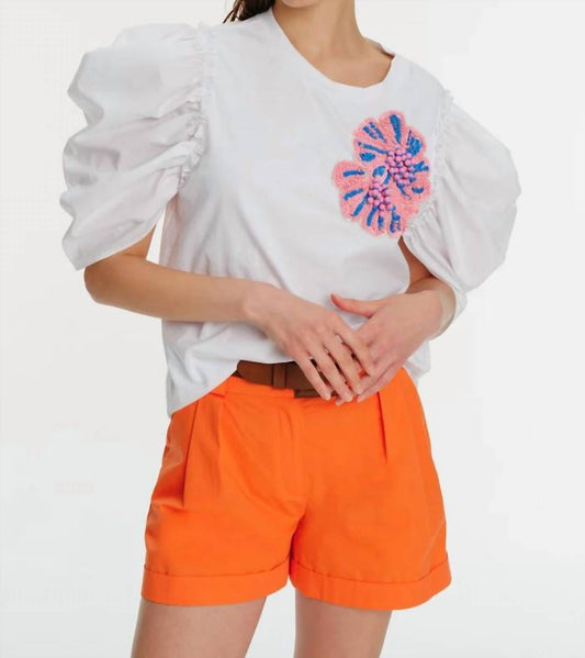 Exquise - Balloon Sleeve Crew Neck Embroidered Cotton T-shirt - clothing - cotton - patterned