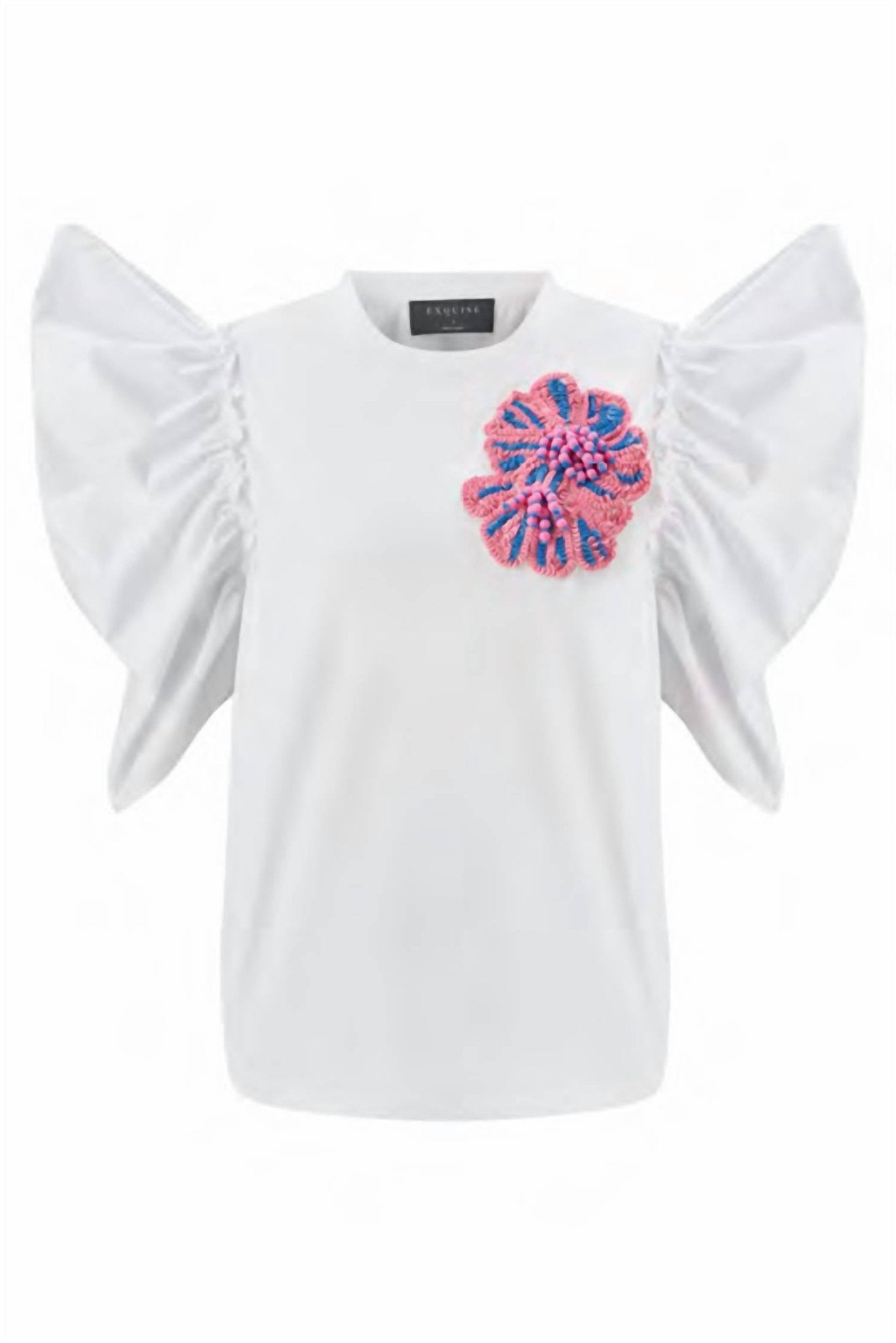 Exquise - Balloon Sleeve Crew Neck Embroidered Cotton T-shirt - clothing - cotton - patterned