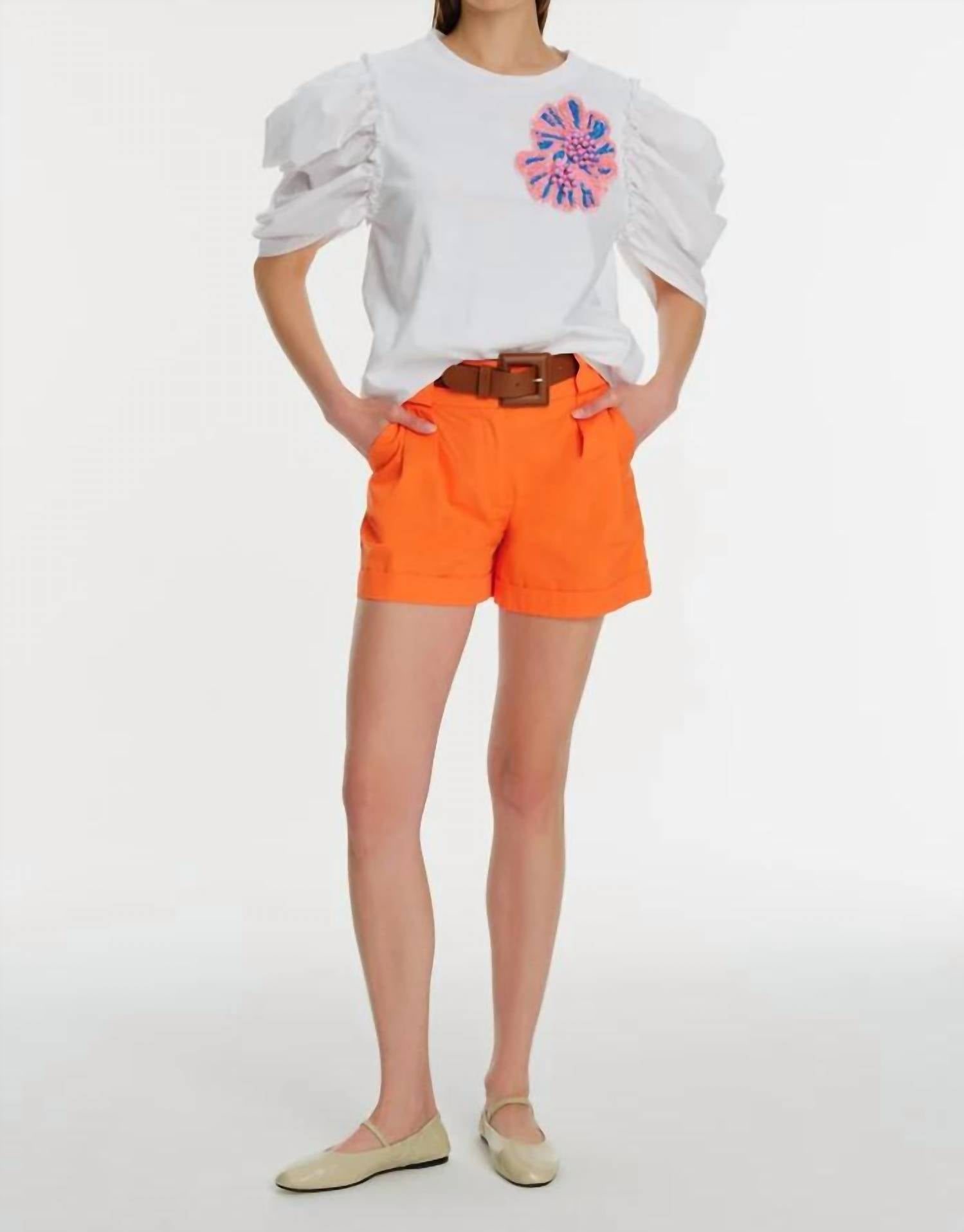 Exquise - Balloon Sleeve Crew Neck Embroidered Cotton T-shirt - clothing - cotton - patterned