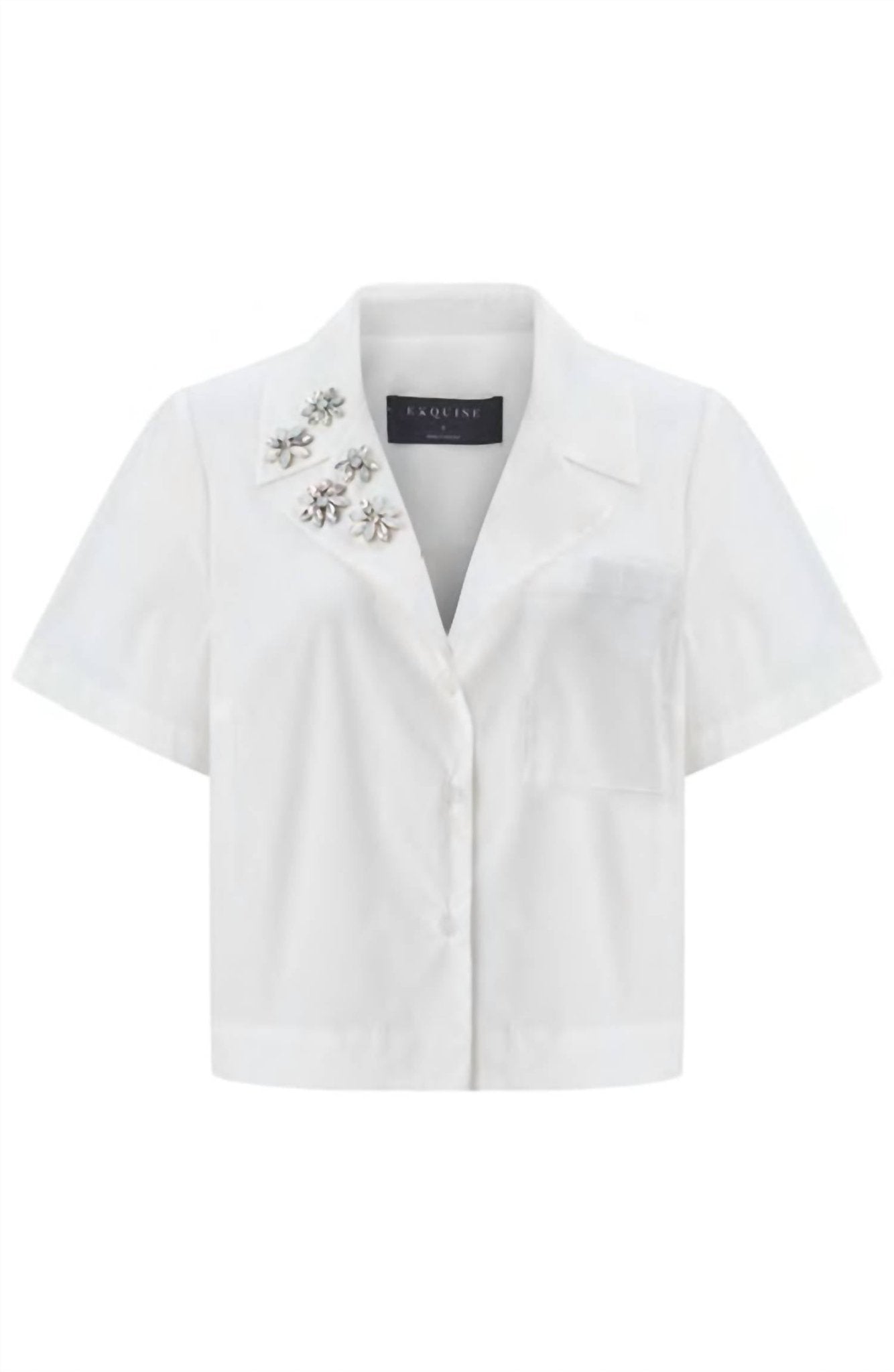 Exquise - Button Down Shirt With Floral Embellishment - button - down - shirts - clothing - cotton - blend