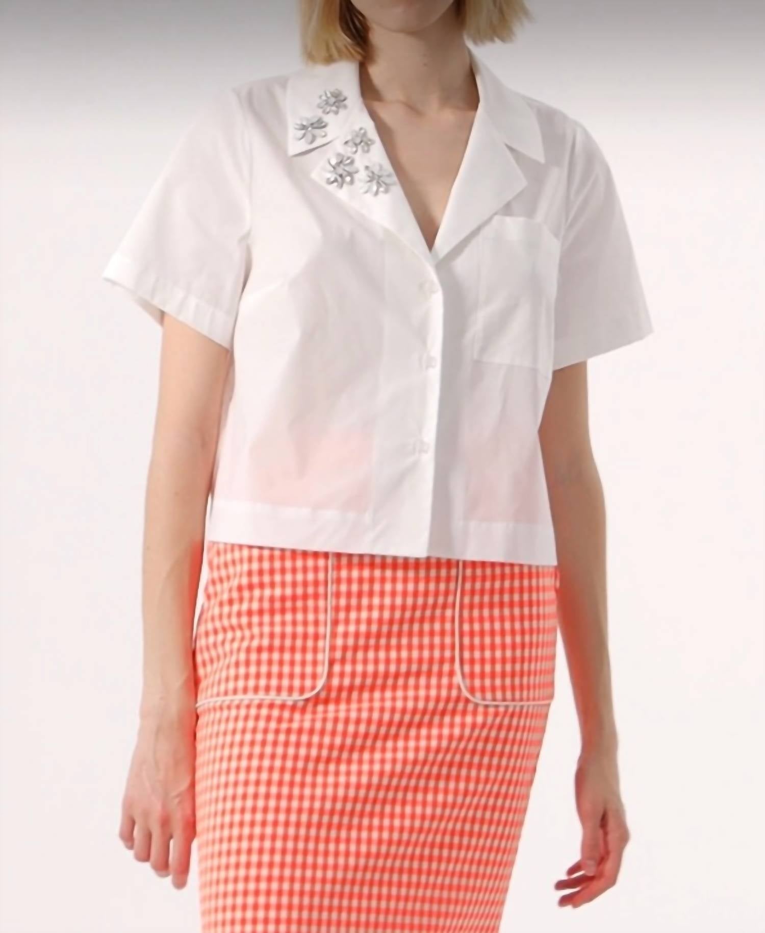 Exquise - Button Down Shirt With Floral Embellishment - button - down - shirts - clothing - cotton - blend