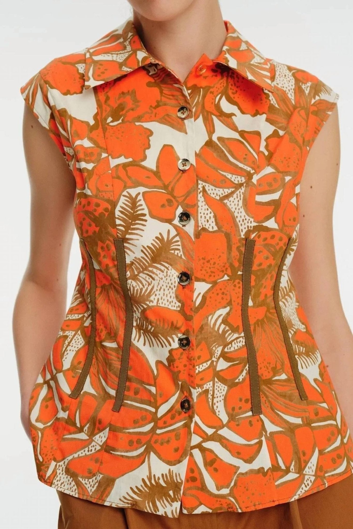 Exquise - Cap Sleeve Patterned Shirt - button - down - shirts - clothing - cotton