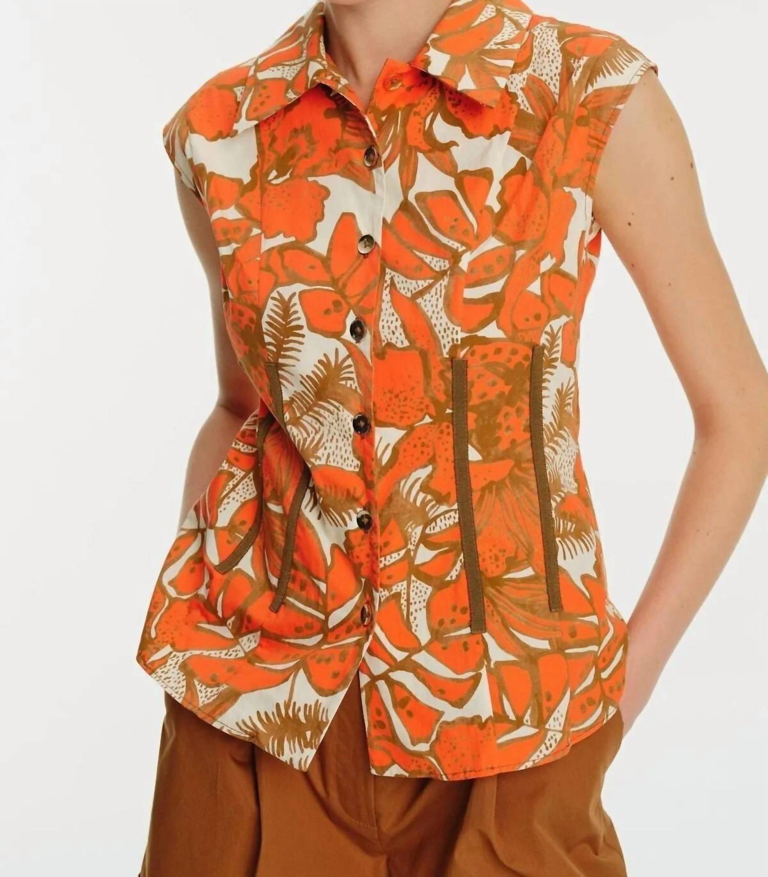 Exquise - Cap Sleeve Patterned Shirt - button - down - shirts - clothing - cotton