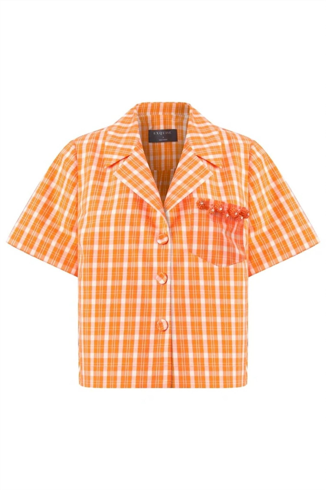 Exquise - Embroidered Detailed Elastic Back Short Sleeve Cotton Shirt - button - down - shirts - clothing - cotton - blend