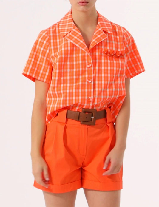 Exquise - Embroidered Detailed Elastic Back Short Sleeve Cotton Shirt - button - down - shirts - clothing - cotton - blend