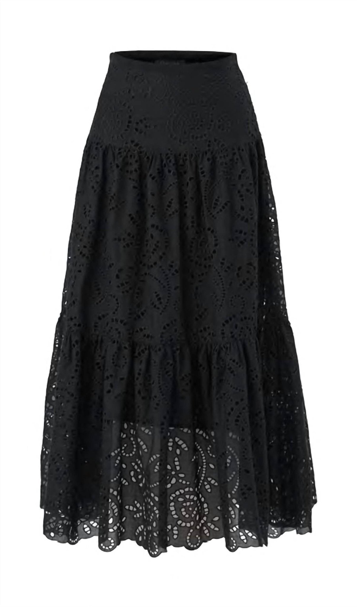 Exquise - Embroidered Eyelet Maxi Skirt - black - clothing - cotton - blend