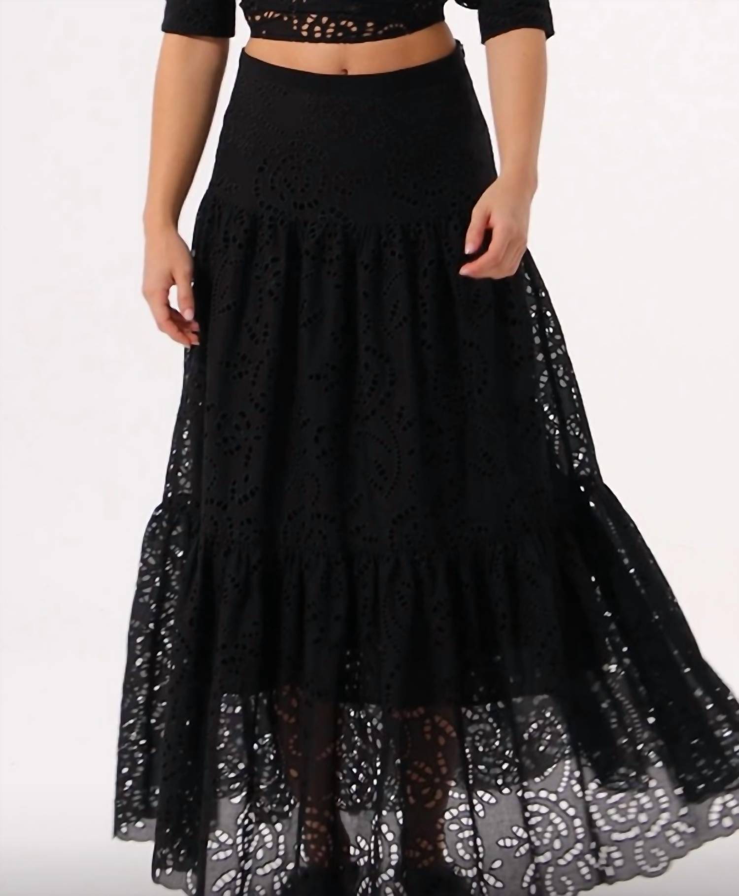 Exquise - Embroidered Eyelet Maxi Skirt - black - clothing - cotton - blend