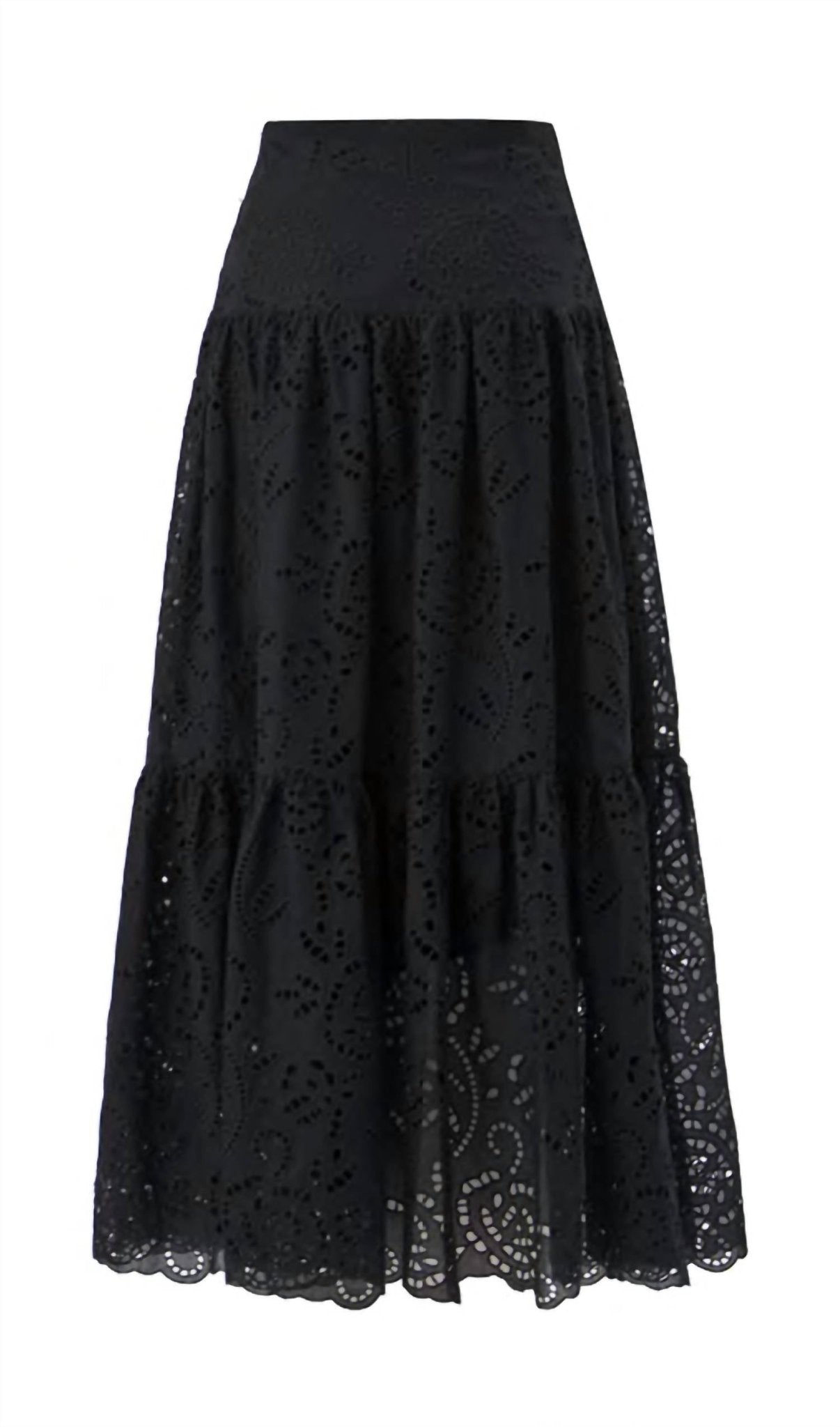 Exquise - Embroidered Eyelet Maxi Skirt - black - clothing - cotton - blend
