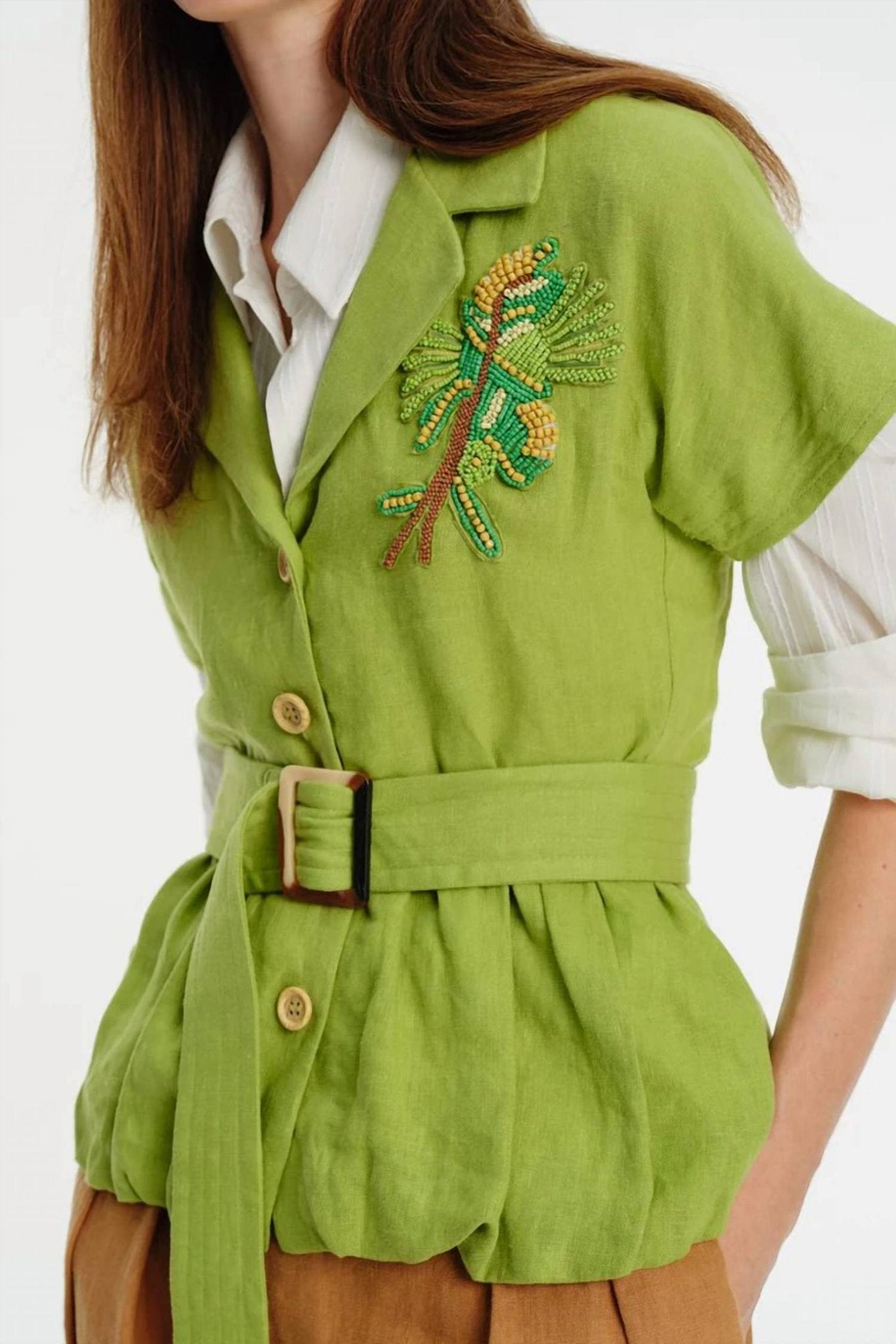 Exquise - Embroidered Low Sleeve Balloon Cut Linen Shirt - button - down - shirts - clothing - green