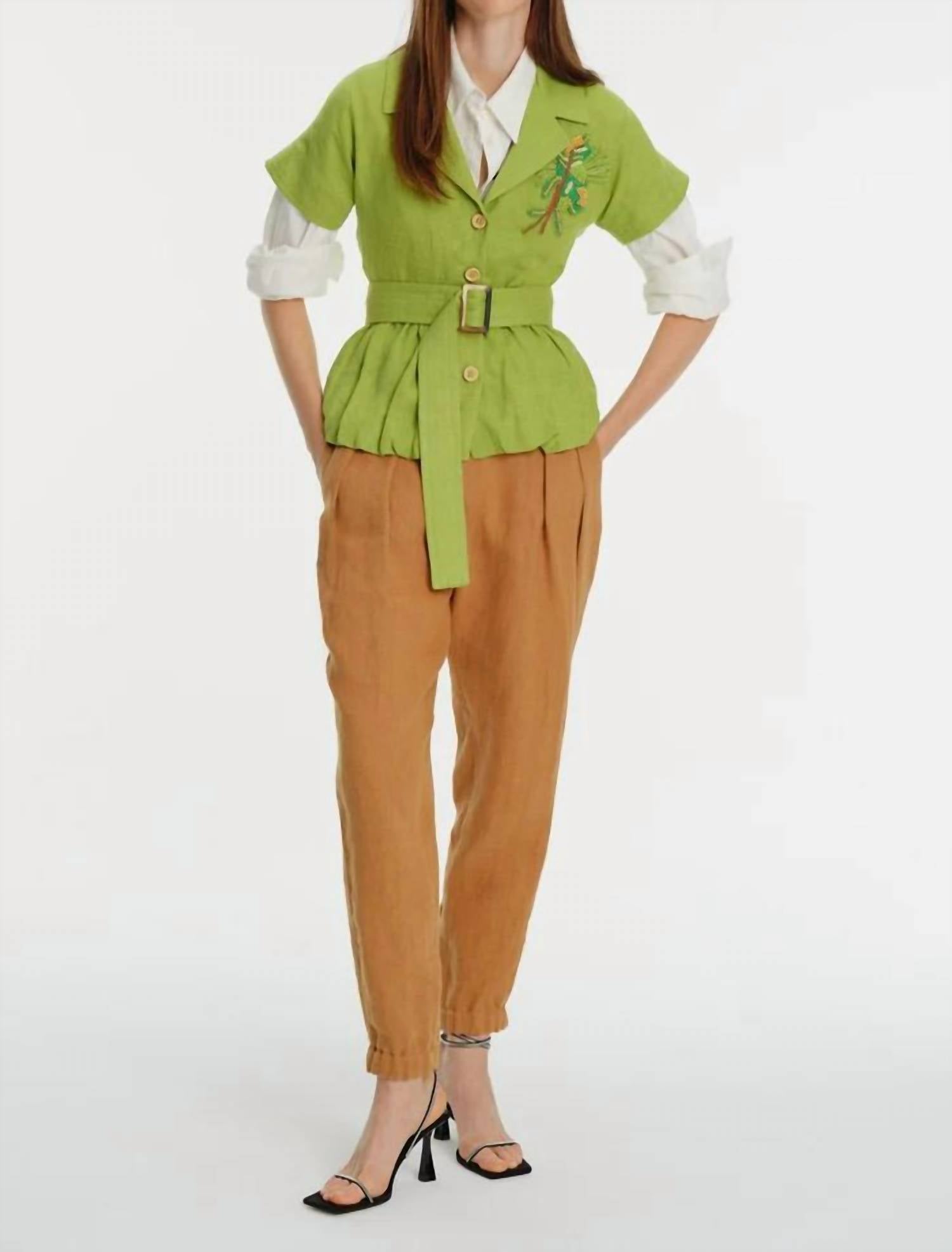 Exquise - Embroidered Low Sleeve Balloon Cut Linen Shirt - button - down - shirts - clothing - green