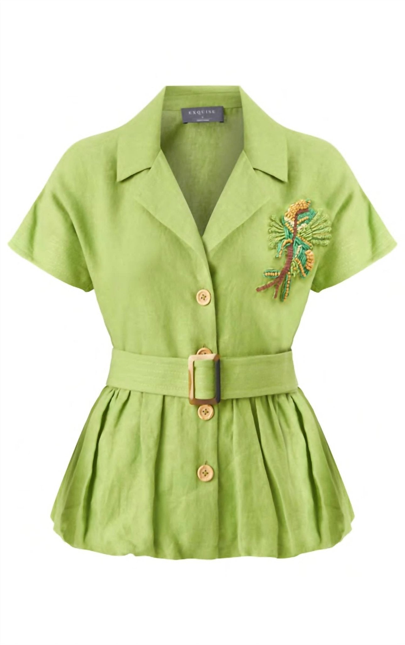 Exquise - Embroidered Low Sleeve Balloon Cut Linen Shirt - button - down - shirts - clothing - green