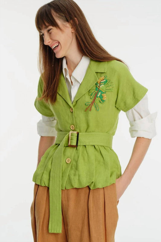Exquise - Embroidered Low Sleeve Balloon Cut Linen Shirt - button - down - shirts - clothing - green