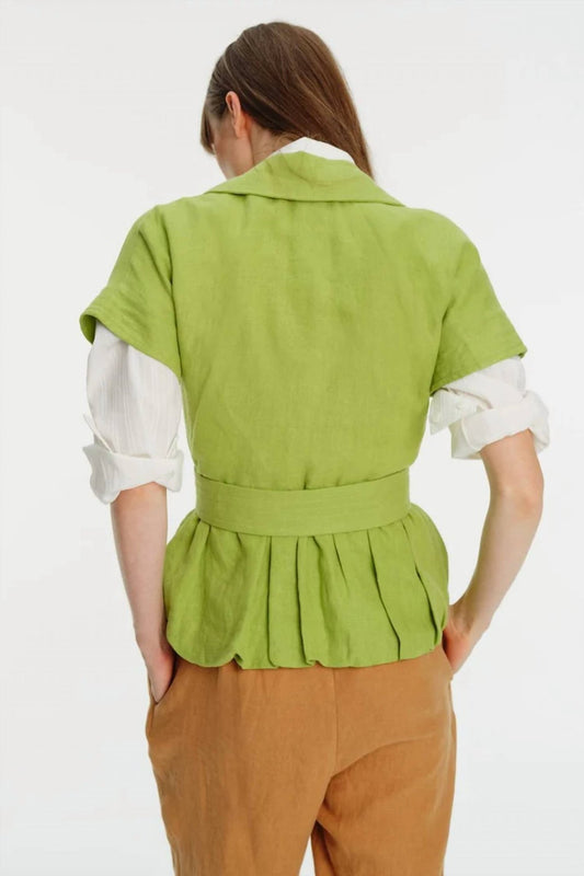 Exquise - Embroidered Low Sleeve Balloon Cut Linen Shirt - button - down - shirts - clothing - green