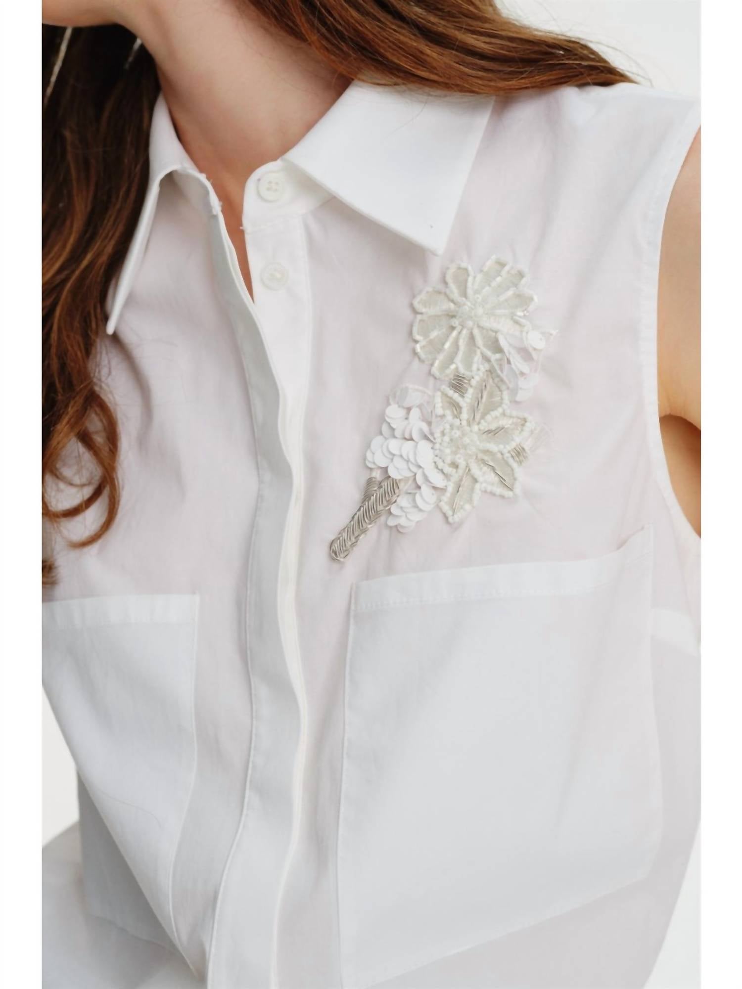 Exquise - Embroidered Sleeveless Shirt - button - down - shirts - clothing - cotton - blend