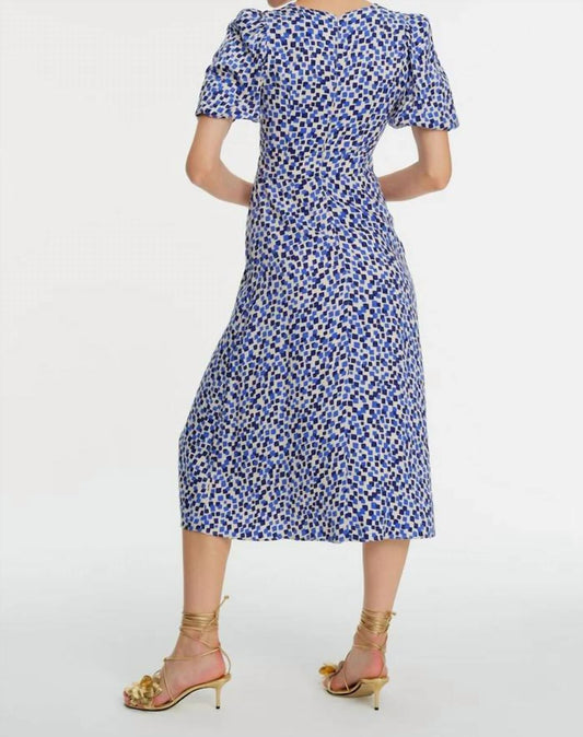 Exquise - Front Tie Detail Geometric Patterned Midi Dress - blue - clothing - dresses
