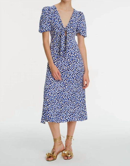 Exquise - Front Tie Detail Geometric Patterned Midi Dress - blue - clothing - dresses
