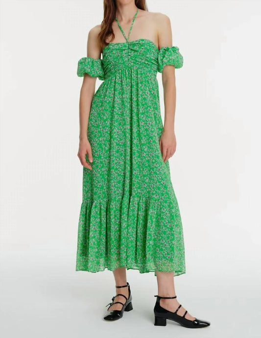 Exquise - Halter Neck Front Gathered Floral Midi Chiffon Dress - clothing - dresses - floral