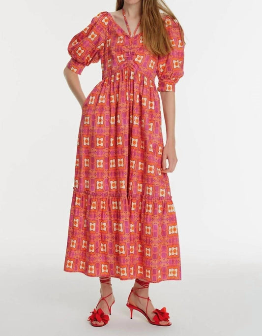 Exquise - Halter Neck Short Sleeve Patterned Midi Dress - clothing - cotton - dresses