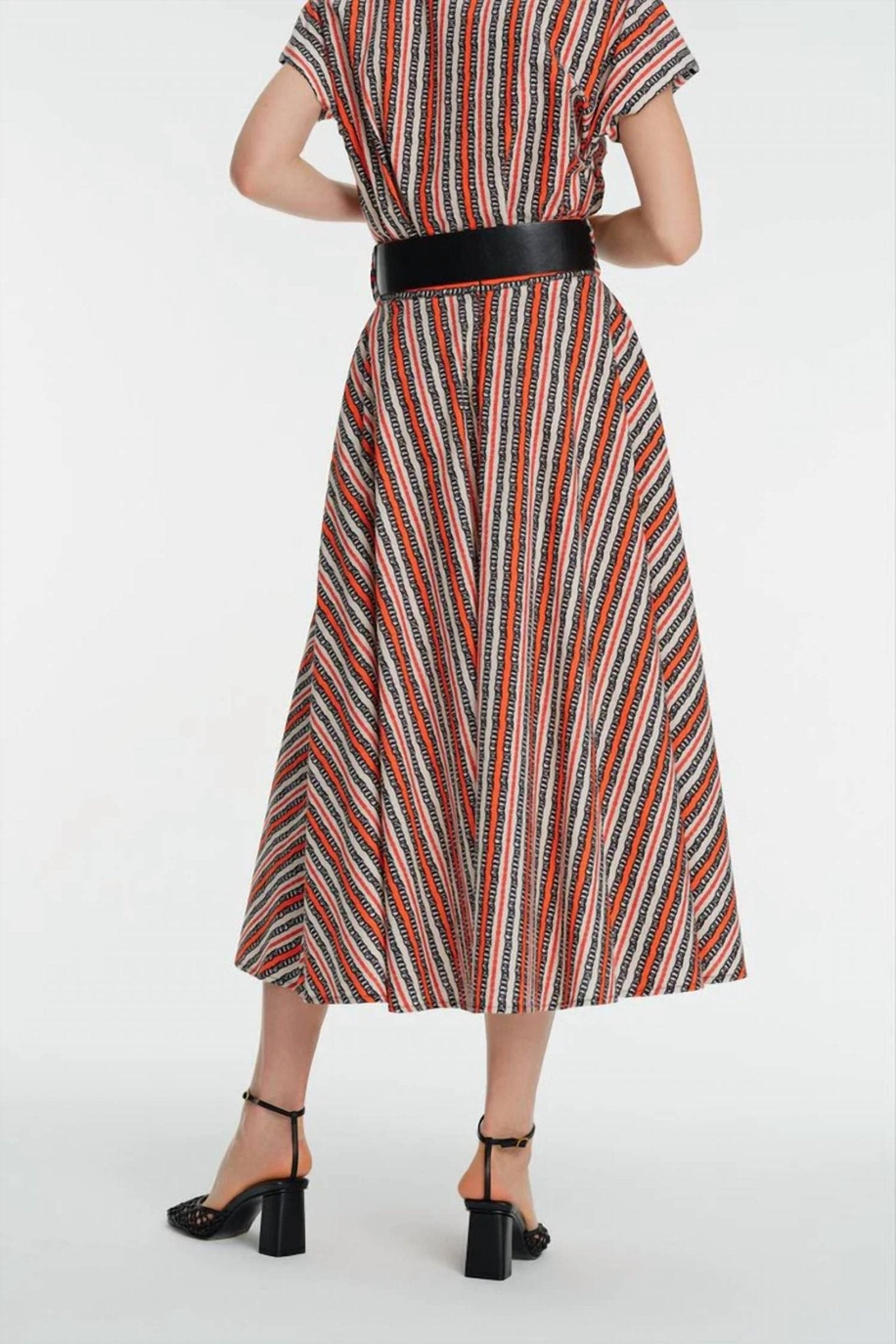 Exquise - High Waist Striped Poplin Flared Skirt - clothing - cotton - knee - length - skirts