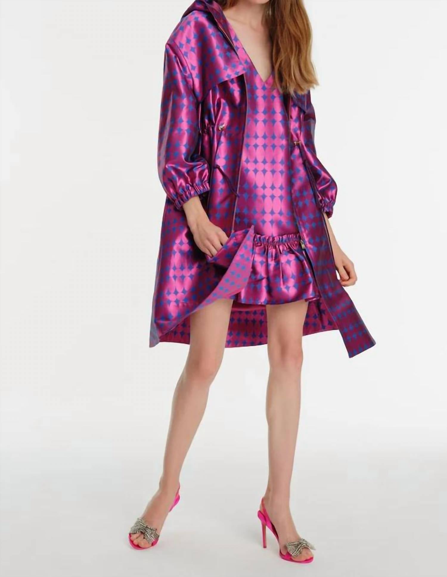 Exquise - Hooded Waist Adjustable Jacquard Trench Coat - clothing - coats - geometric